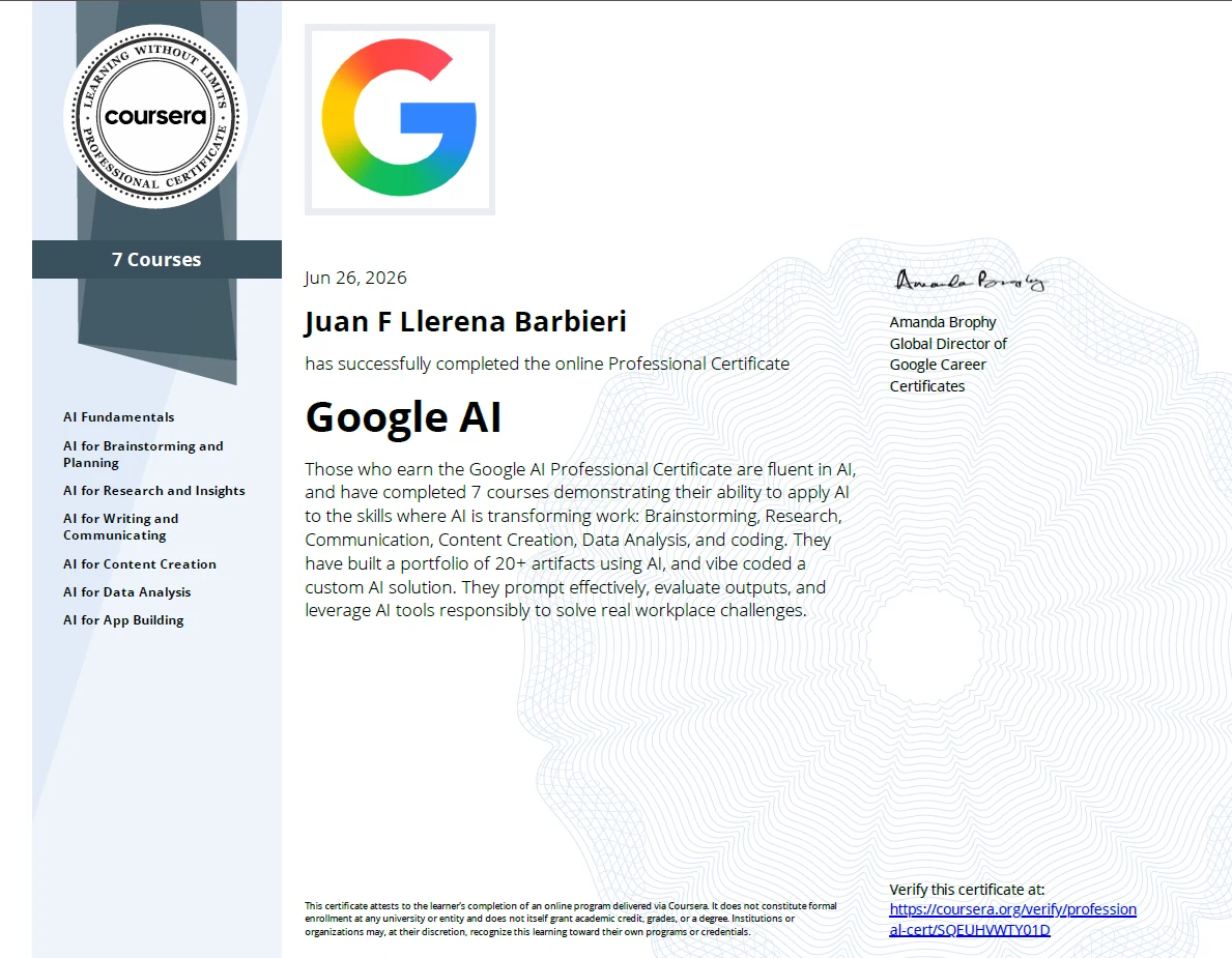 Google AI Professional Certification JLLB Media credential earned by Juan Llerena