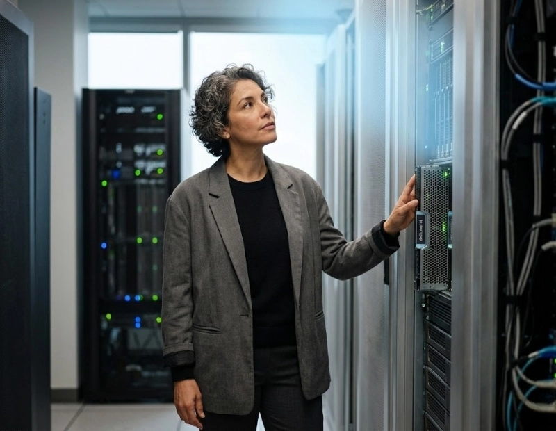 A female IT expert inspecting hardware infrastructure and glowing indicator lights inside a secure corporate server room.