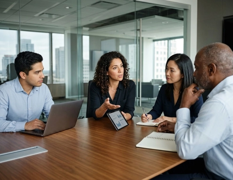 A diverse corporate leadership team reviewing data and performance metrics on a desktop monitor in a modern, open-office environment.
