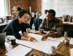An Asian female engineer and a Black strategist analyzing complex operational blueprints on a wooden table in a creative meeting room, illustrating the B2B nurturing process.