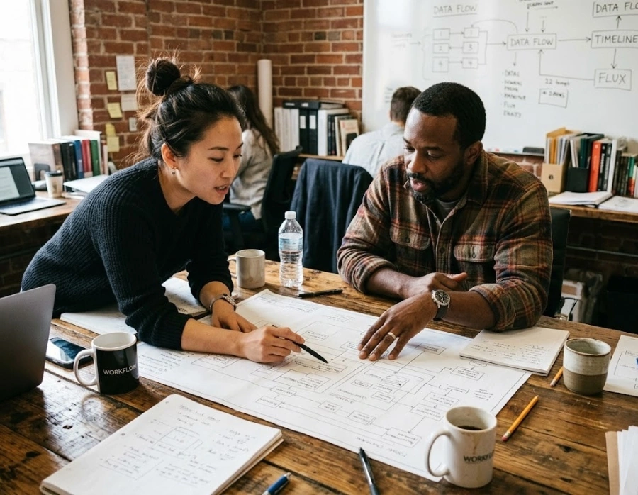 An Asian female engineer and a Black strategist analyzing complex operational blueprints on a wooden table in a creative meeting room, illustrating the B2B nurturing process.