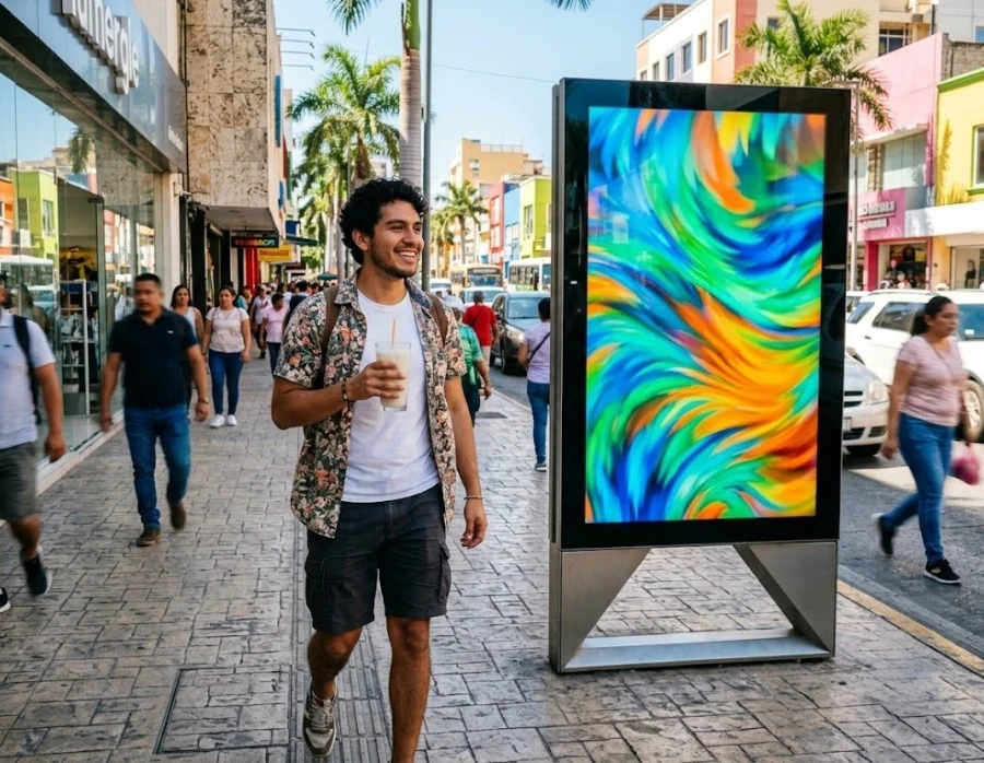 A young dynamic Latino entrepreneur on an urban street holding a refreshing seasonal beverage next to a vibrant outdoor digital billboard, showing immediate B2C consumer action.