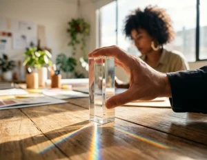 A tiny solid yellow character standing on a wooden desk next to a polished clear glass block filtering sunlight, representing brand safety and transparent ad fraud protection.