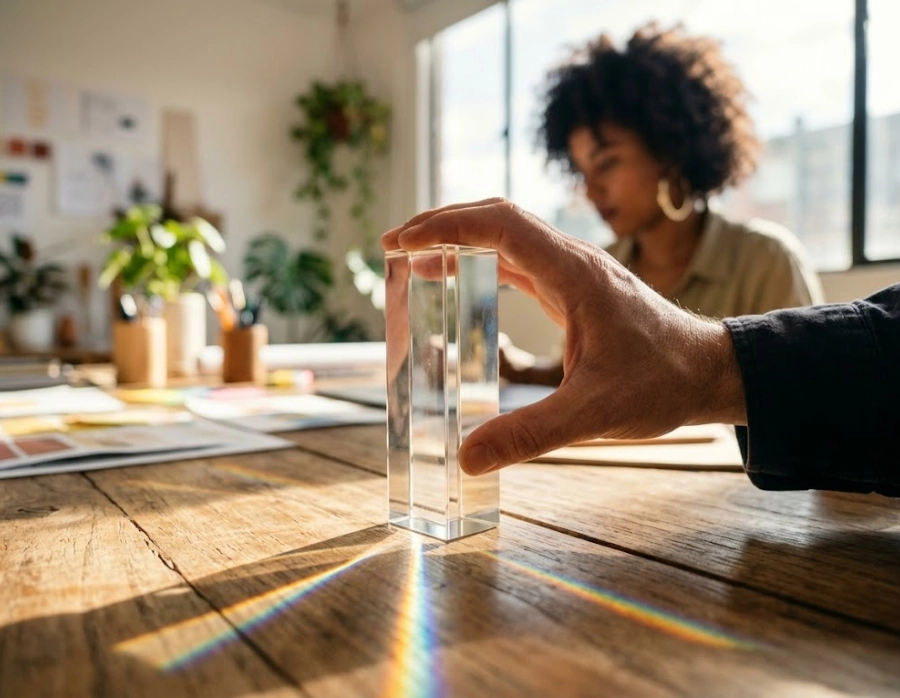 A tiny solid yellow character standing on a wooden desk next to a polished clear glass block filtering sunlight, representing brand safety and transparent ad fraud protection.