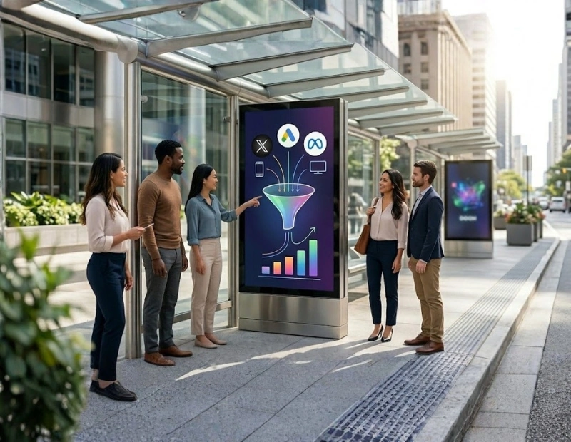 A group of diverse people standing at a modern urban bus shelter, interacting with a tall digital outdoor advertising display screen showing a colorful media funnel graphic.