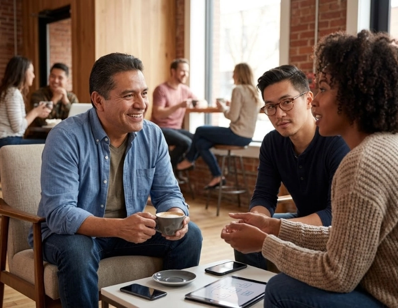 A mature Latino business owner smiling during a casual, collaborative meeting with a Black woman and an Asian colleague at a bright cafe.