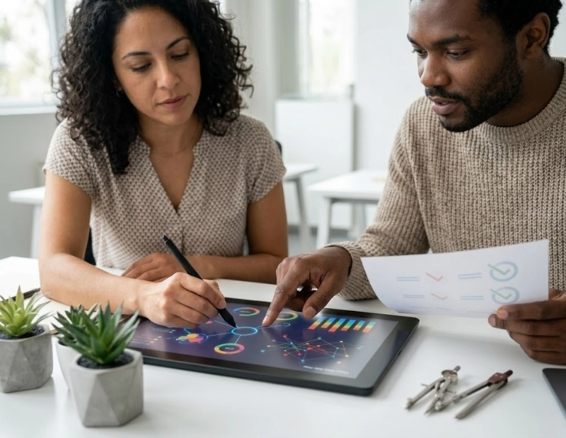 Close-up of a Latina data analyst using a digital pen on a large tablet displaying colorful trend charts alongside a Black male strategist holding a printout.