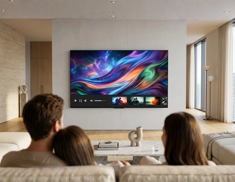 A family sitting on a living room couch from behind, watching streaming media content on a large smart television screen mounted on the wall.