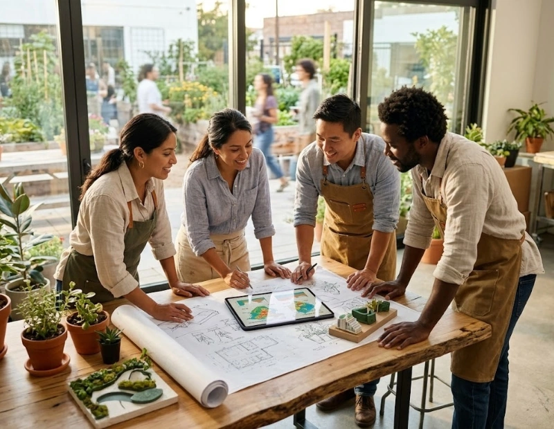 A diverse group of four professional designers collaborating around a wooden table with architectural blueprints, green plant seedlings, and a digital tablet in a bright urban design studio.
