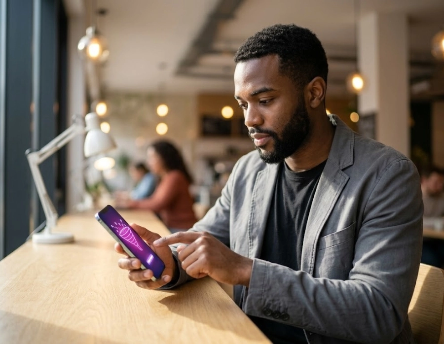 Close-up portrait of a dynamic Black entrepreneur interacting with a glowing smartphone screen that displays abstract data attribution graphics, demonstrating CTV complementary interaction.