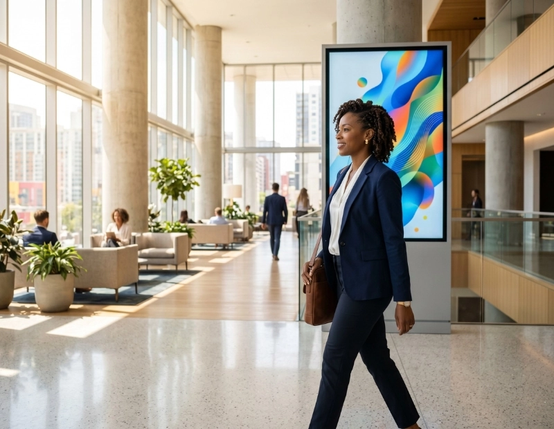 A professional businesswoman walking past a vibrant digital out-of-home (DOOH) advertising display screen in a modern, sunlit corporate building lobby