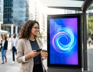 Latina entrepreneur looking at a DOOH screen in a busy city bus shelter, symbolizing the first impact of hybrid advertising.