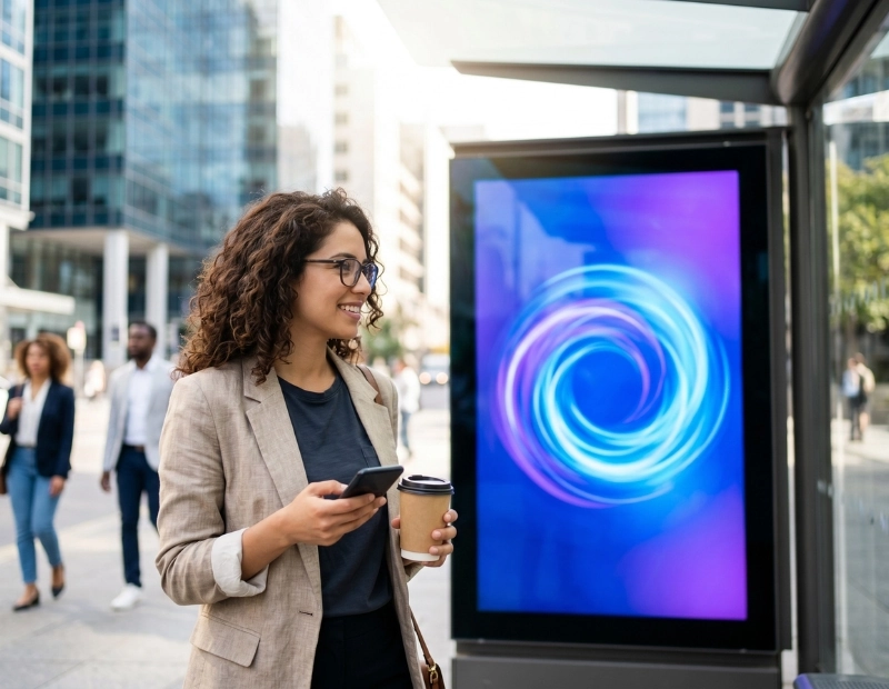 Latina entrepreneur looking at a DOOH screen in a busy city bus shelter, symbolizing the first impact of hybrid advertising.