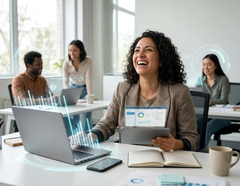 A happy Latina office manager with natural curls laughing while using her laptop and holding a tablet, surrounded by clean digital data interface overlays in a modern workspace.