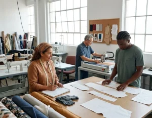 An experienced Latina business owner taking notes while a young Black man and an Asian colleague supervise an automated fabric-cutting machine in a sunlit textile workshop.