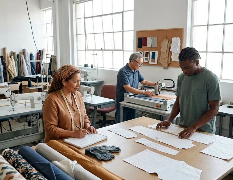 An experienced Latina business owner taking notes while a young Black man and an Asian colleague supervise an automated fabric-cutting machine in a sunlit textile workshop.