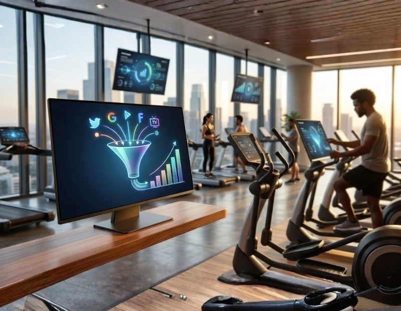 A high-end gym interior filled with people exercising on treadmills and ellipticals, featuring an indoor digital screen displaying a colorful multi-platform conversion funnel graphic.