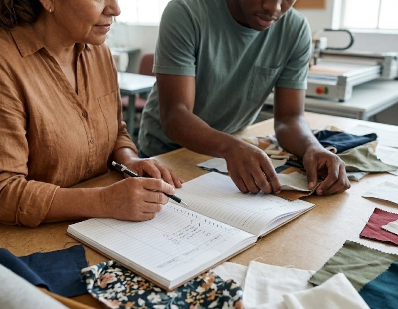 Close-up of a Latina artisan pausing her writing in a handwritten ledger while a young Black colleague examines textile swatches on a wooden table.