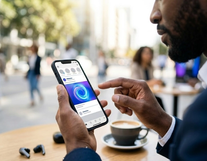 Close-up of a Black professional’s hands engaging with a native ad on his smartphone feed while seated at a cafe, demonstrating digital retargeting.