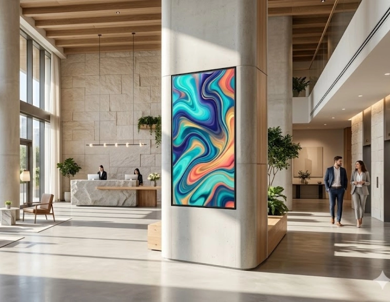 A high-impact digital art display mounted on a modern concrete column inside a bright, luxury corporate lobby with people walking by.