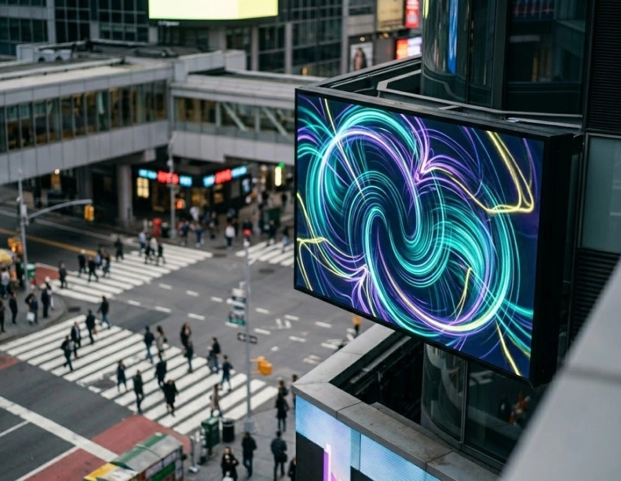 An high-angle perspective of an outdoor digital screen on a modern building corner showing vibrant neon abstract swirls above a busy city crosswalk.
