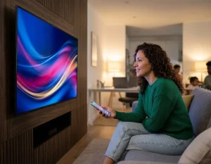 A happy Latina entrepreneur on a grey sofa focuses on a large, glowing Connected TV screen while holding her smartphone, capturing attention at home.
