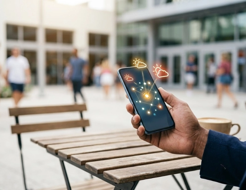 Close-up of a diverse hand holding a smartphone at an outdoor cafe, displaying glowing abstract location clusters and weather symbols that represent synchronized mobile retargeting.