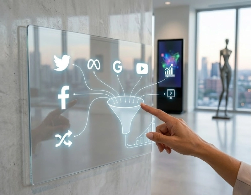 A person's hand interacting with a transparent glass screen displaying a digital marketing conversion funnel connecting Google Ads, Meta, and YouTube.