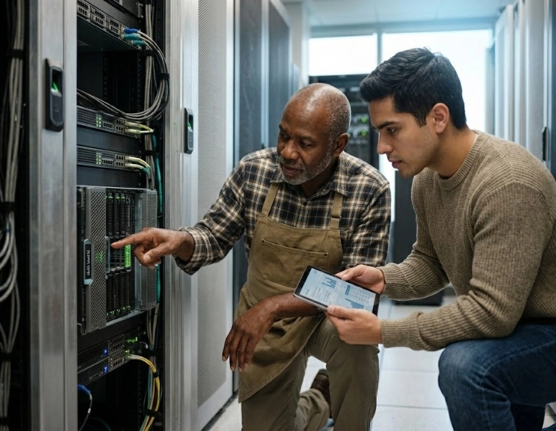 Two IT professionals configuring network cables and reviewing system diagnostics on a digital tablet in a high-security server room.