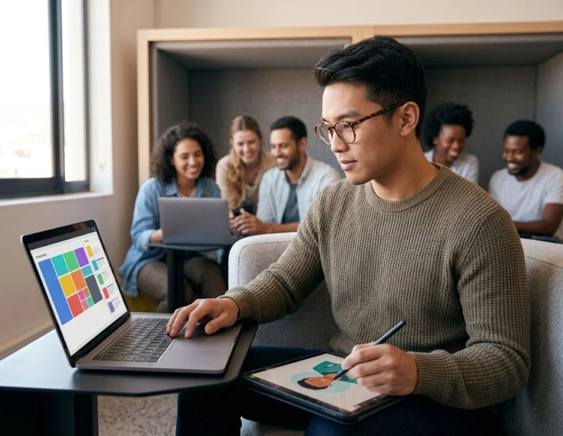 A young Asian entrepreneur working on a laptop displaying content workflow charts while editing a graphic avatar on a secondary digital tablet inside a dynamic co-working hub.