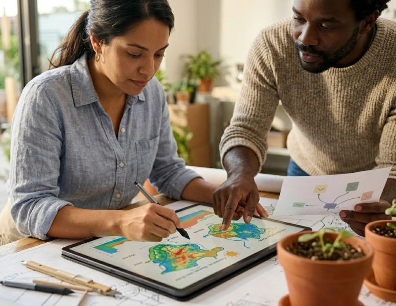 Close-up of a Latina designer using a stylus on a large graphic tablet alongside a Black male strategist pointing at visual data mapping inside a design workspace.