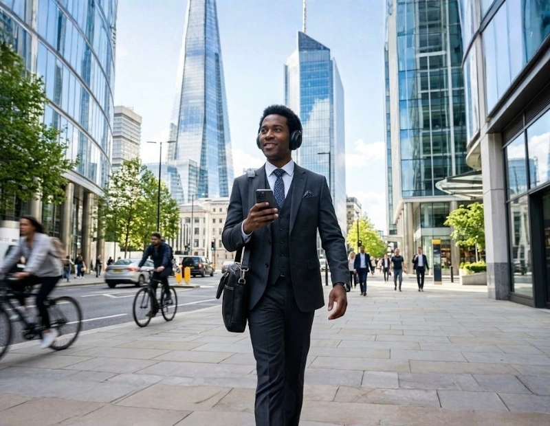 A professional businessman wearing headphones and holding a smartphone while walking down a modern city street surrounded by skyscrapers.