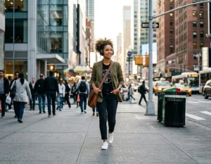 An Afro-Latina entrepreneur walking in a bustling city environment wearing over-ear headphones, illustrating screen-free programmatic audio connection.