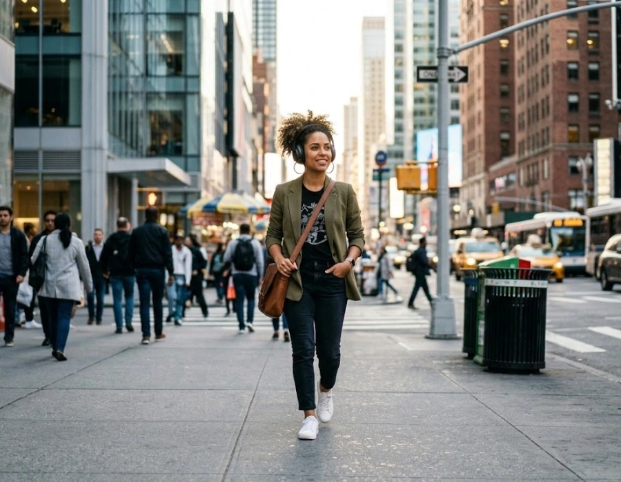 An Afro-Latina entrepreneur walking in a bustling city environment wearing over-ear headphones, illustrating screen-free programmatic audio connection.