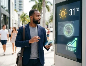 A Black entrepreneur walks past a smart city DOOH display showing high temperature and location data activation for optimized programmatic bidding.
