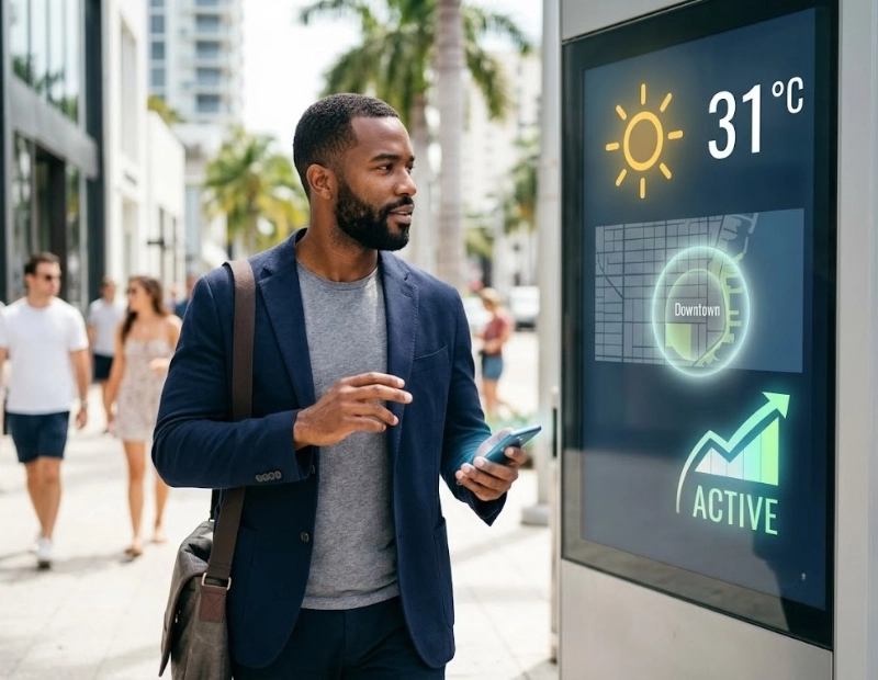 A Black entrepreneur walks past a smart city DOOH display showing high temperature and location data activation for optimized programmatic bidding.