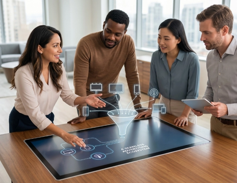 A diverse marketing team collaborating around an interactive touch screen showing a multi-channel advertising conversion funnel for a seamless ecosystem.