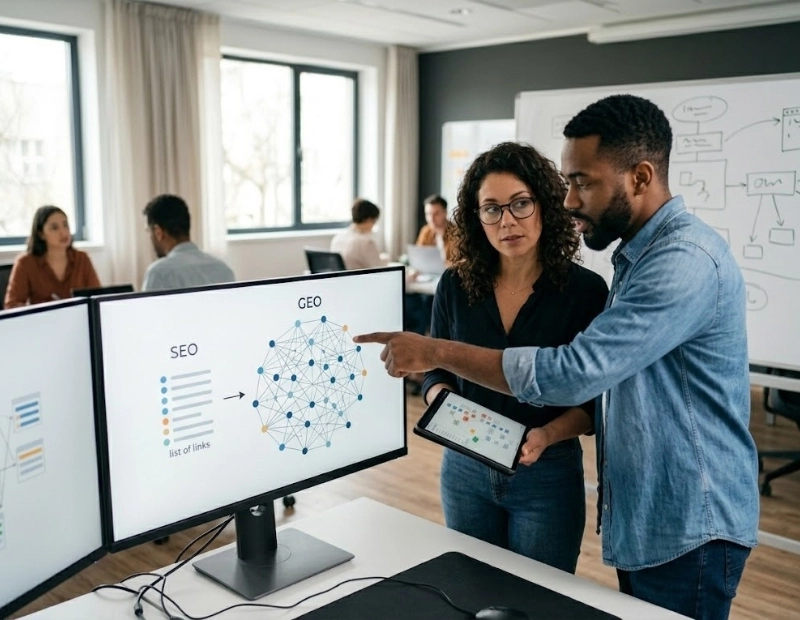 A Latina marketing strategist and a Black male colleague reviewing an architectural diagram contrasting traditional SEO link lists with complex GEO data network graphs on a dual-monitor desktop.