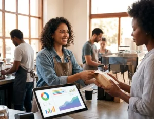 A smiling Latina business owner serving a Black customer at a busy artisanal coffee roastery, with a tablet displaying colorful inventory forecast charts in the foreground.