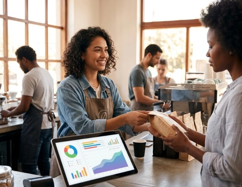 A smiling Latina business owner serving a Black customer at a busy artisanal coffee roastery, with a tablet displaying colorful inventory forecast charts in the foreground.