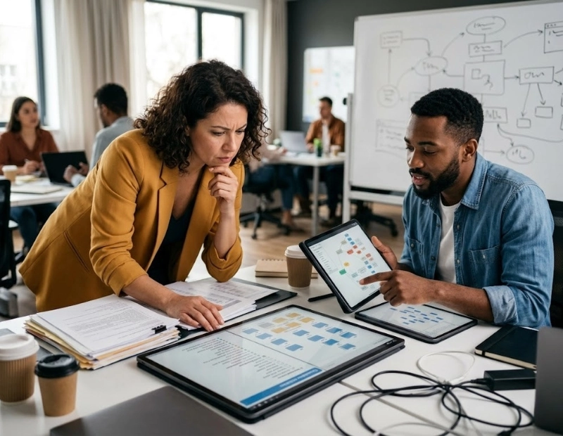 A businesswoman and a businessman reviewing data classification models and workflow organizational charts on tablets and screens.