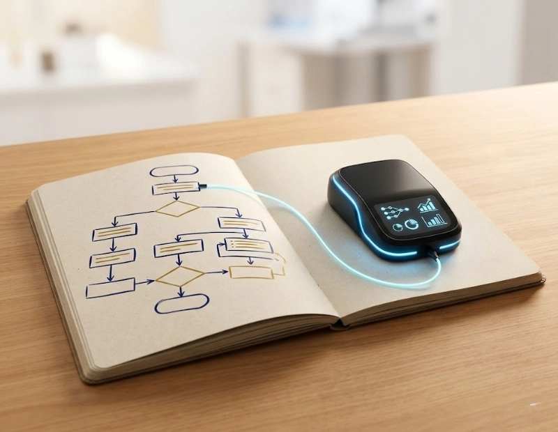 A handwritten standard operating procedure flowchart in an open notebook physically connected to a small smart data-tracking device.