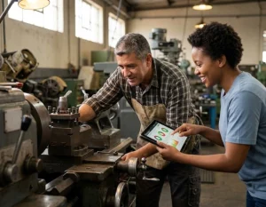 A Latino business owner wearing a canvas apron and a young Black female colleague reviewing diagnostic charts on an industrial tablet inside a mechanical workshop.