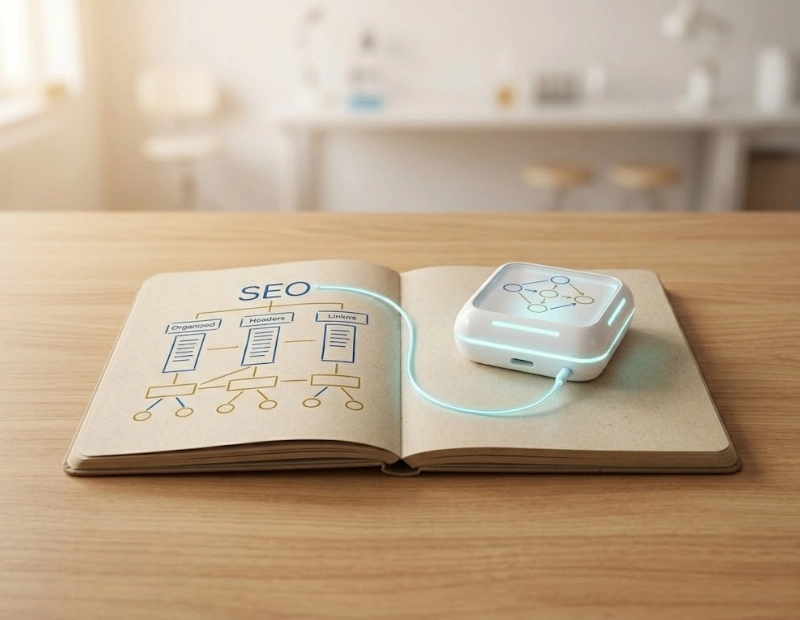 A handwritten SEO site-structure diagram in an open recycled-paper notebook connected by a glowing light wire to a compact, futuristic GEO hardware interface.