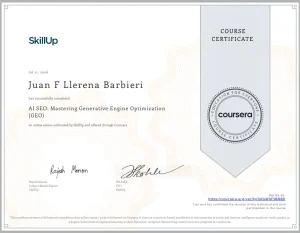 AI SEO and Generative Engine Optimization Minnesota course certificate earned by Juan Llerena of JLLB Media