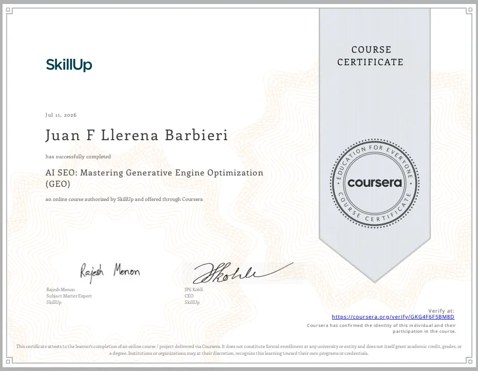 AI SEO and Generative Engine Optimization Minnesota course certificate earned by Juan Llerena of JLLB Media