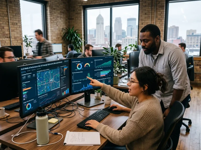 Marketing team analyzing predictive campaign performance data for AI marketing and advertising Minneapolis strategies.