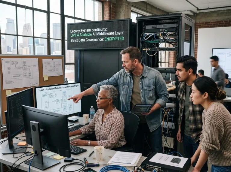 A diverse engineering team works at a server rack workstation, configuring secure AI middleware to modernize legacy enterprise systems as part of an AI digital transformation Minneapolis project.