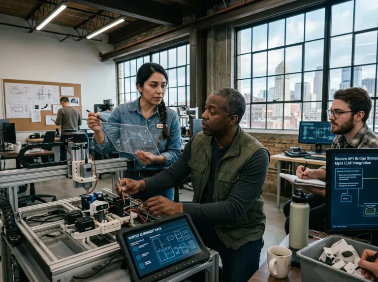 A bilingual engineering team works in a specialized technical lab, configuring an active sensor node array and mapping secure data flows for an AI digital transformation Minneapolis project.