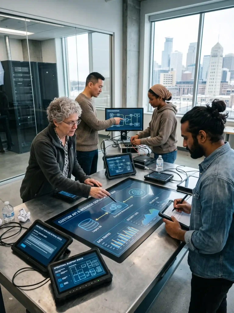 A diverse engineering team works at a technical workstation, mapping secure API layers and middleware for an AI digital transformation Minneapolis project.